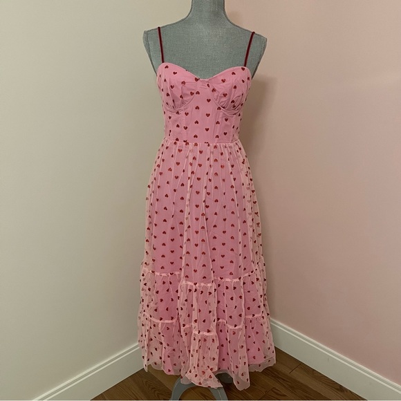 NWT Betsey Johnson Valentines Metallic Heart Print Mesh Midi Dress TIKTOK Viral - Picture 2 of 11